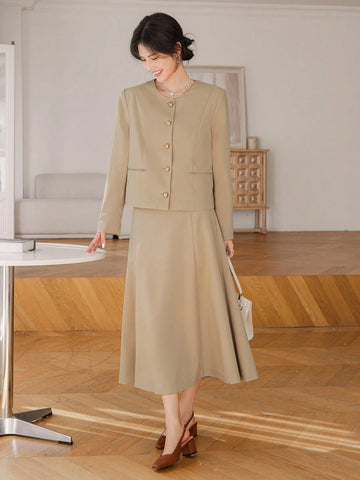 DAZY 2pcs Women Set: Long Blazer Jacket And Midi Pencil Skirt