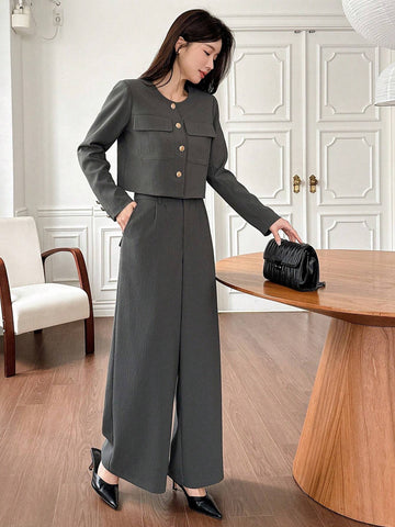 DAZY 2pcs Women Set: Solid Color Round Neck Jacket And Wide Leg Pants