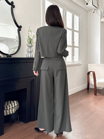 DAZY 2pcs Women Set: Solid Color Round Neck Jacket And Wide Leg Pants