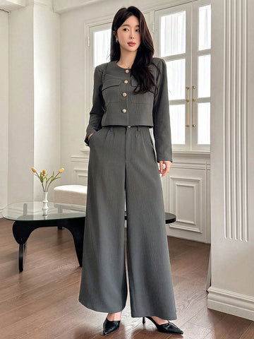 DAZY 2pcs Women Set: Solid Color Round Neck Jacket And Wide Leg Pants