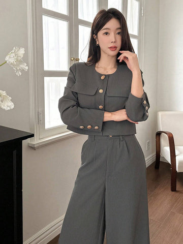 DAZY 2pcs Women Set: Solid Color Round Neck Jacket And Wide Leg Pants