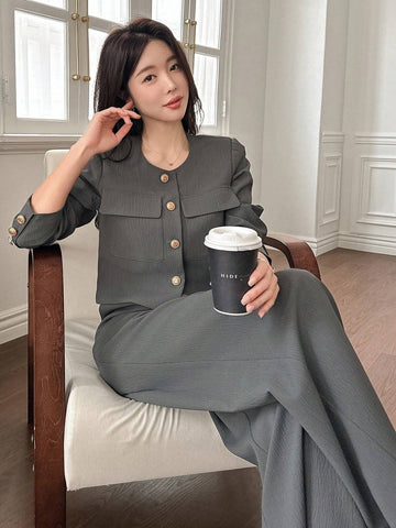 DAZY 2pcs Women Set: Solid Color Round Neck Jacket And Wide Leg Pants