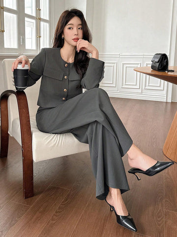 DAZY 2pcs Women Set: Solid Color Round Neck Jacket And Wide Leg Pants