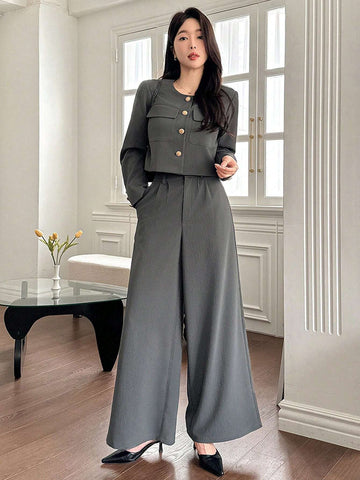DAZY 2pcs Women Set: Solid Color Round Neck Jacket And Wide Leg Pants