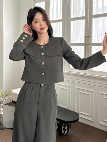DAZY 2pcs Women Set: Solid Color Round Neck Jacket And Wide Leg Pants