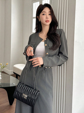 DAZY 2pcs Women Set: Solid Color Round Neck Jacket And Wide Leg Pants