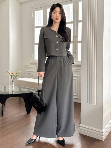 DAZY 2pcs Women Set: Solid Color Round Neck Jacket And Wide Leg Pants