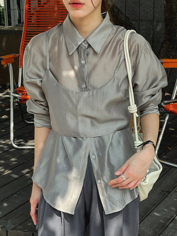 DAZY 2pcs Women Solid Color Camisole And Long Sleeve Shirt Set