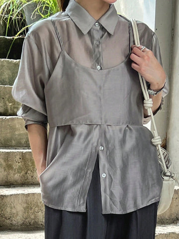 DAZY 2pcs Women Solid Color Camisole And Long Sleeve Shirt Set