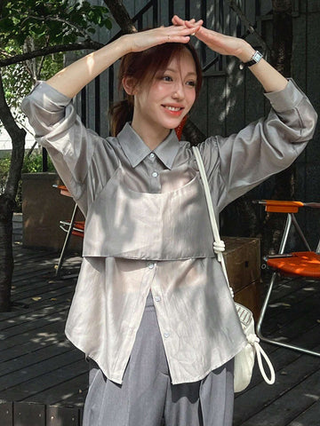 DAZY 2pcs Women Solid Color Camisole And Long Sleeve Shirt Set