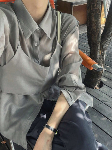 DAZY 2pcs Women Solid Color Camisole And Long Sleeve Shirt Set