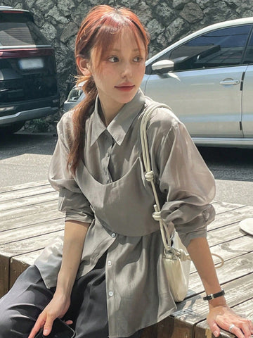 DAZY 2pcs Women Solid Color Camisole And Long Sleeve Shirt Set