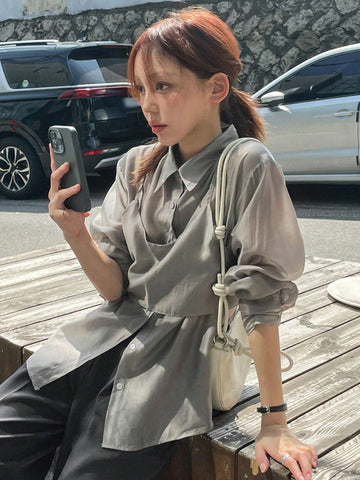 DAZY 2pcs Women Solid Color Camisole And Long Sleeve Shirt Set