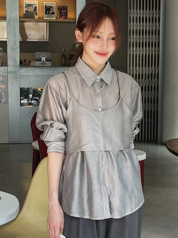 DAZY 2pcs Women Solid Color Camisole And Long Sleeve Shirt Set