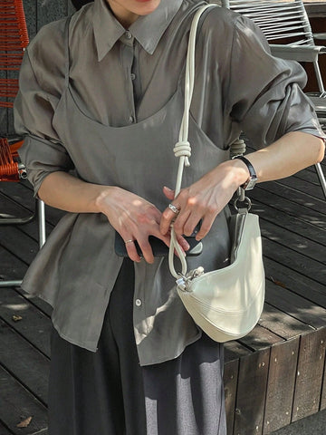 DAZY 2pcs Women Solid Color Camisole And Long Sleeve Shirt Set