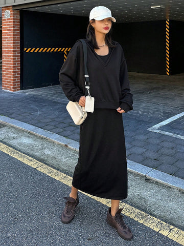 DAZY 2pcs Women Solid Color Hoodie Dress Set