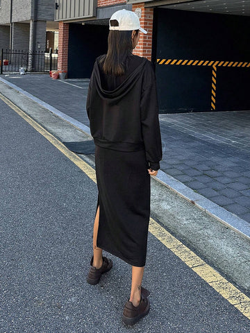 DAZY 2pcs Women Solid Color Hoodie Dress Set