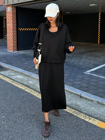 DAZY 2pcs Women Solid Color Hoodie Dress Set