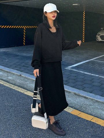DAZY 2pcs Women Solid Color Hoodie Dress Set