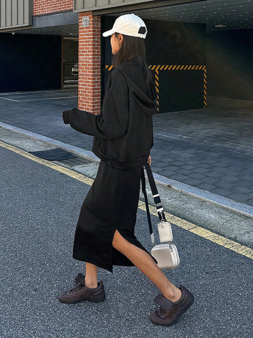 DAZY 2pcs Women Solid Color Hoodie Dress Set