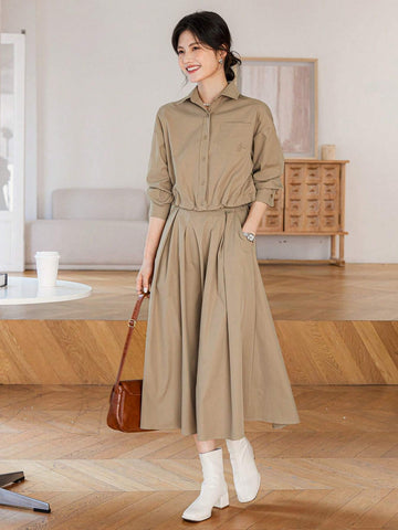 DAZY 2pcs Women's Set - Wrap Waist Fit-And-Flare Skirt & Blouse, Elegant Lady Vibe