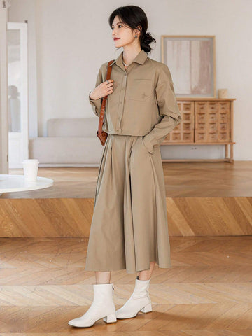 DAZY 2pcs Women's Set - Wrap Waist Fit-And-Flare Skirt & Blouse, Elegant Lady Vibe