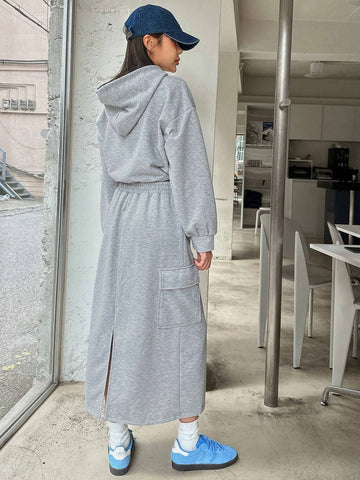 DAZY 2pcs Women's Simple Hooded Sweatshirt And A-Line Skirt Set