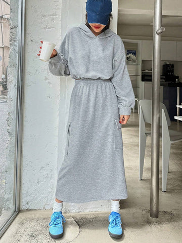 DAZY 2pcs Women's Simple Hooded Sweatshirt And A-Line Skirt Set