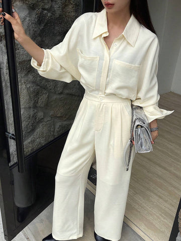 DAZY 2pcs Women's Solid Color Dropped Shoulder Long Sleeve Pocket Loose Shirt And Wide Leg Pants Set