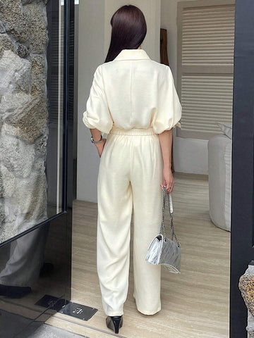 DAZY 2pcs Women's Solid Color Dropped Shoulder Long Sleeve Pocket Loose Shirt And Wide Leg Pants Set