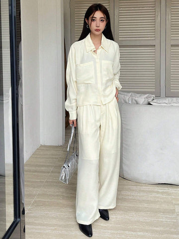 DAZY 2pcs Women's Solid Color Dropped Shoulder Long Sleeve Pocket Loose Shirt And Wide Leg Pants Set
