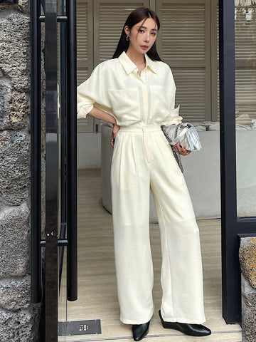 DAZY 2pcs Women's Solid Color Dropped Shoulder Long Sleeve Pocket Loose Shirt And Wide Leg Pants Set