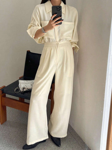 DAZY 2pcs Women's Solid Color Dropped Shoulder Long Sleeve Pocket Loose Shirt And Wide Leg Pants Set