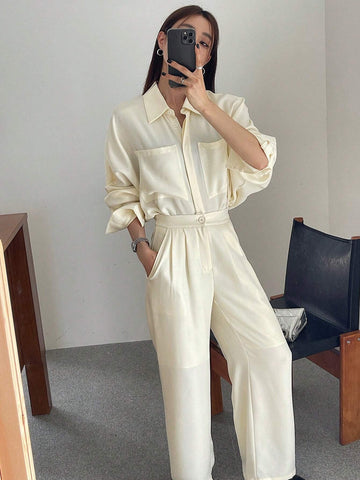 DAZY 2pcs Women's Solid Color Dropped Shoulder Long Sleeve Pocket Loose Shirt And Wide Leg Pants Set