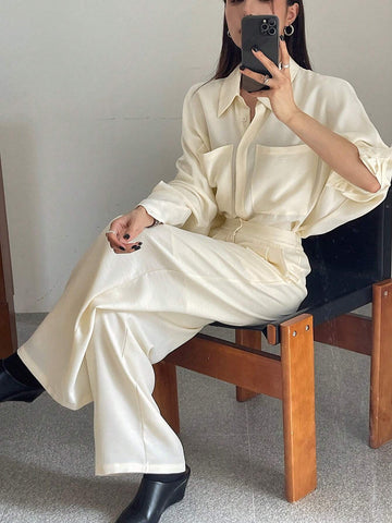 DAZY 2pcs Women's Solid Color Dropped Shoulder Long Sleeve Pocket Loose Shirt And Wide Leg Pants Set