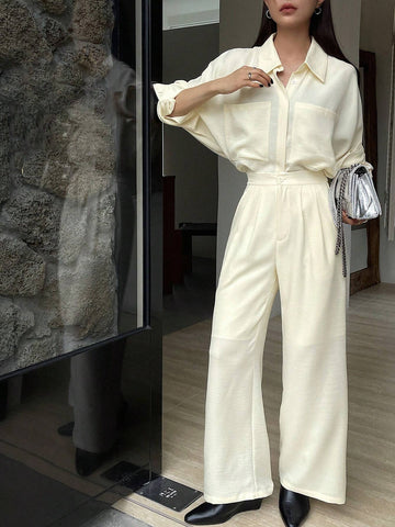 DAZY 2pcs Women's Solid Color Dropped Shoulder Long Sleeve Pocket Loose Shirt And Wide Leg Pants Set