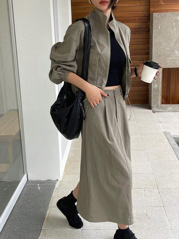 DAZY 2pcs Women's Solid Color Loose Cargo Jacket & Skirt Set