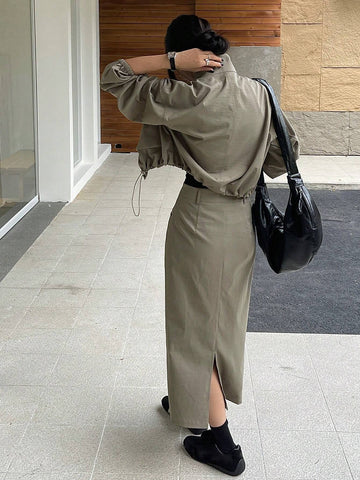 DAZY 2pcs Women's Solid Color Loose Cargo Jacket & Skirt Set