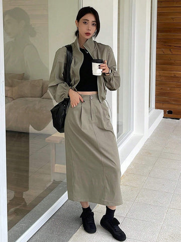 DAZY 2pcs Women's Solid Color Loose Cargo Jacket & Skirt Set