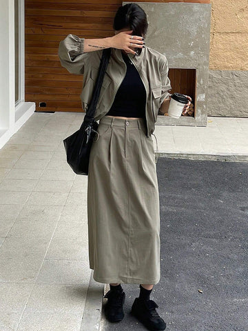 DAZY 2pcs Women's Solid Color Loose Cargo Jacket & Skirt Set