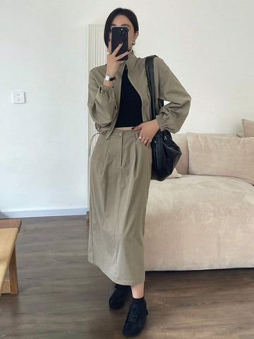 DAZY 2pcs Women's Solid Color Loose Cargo Jacket & Skirt Set