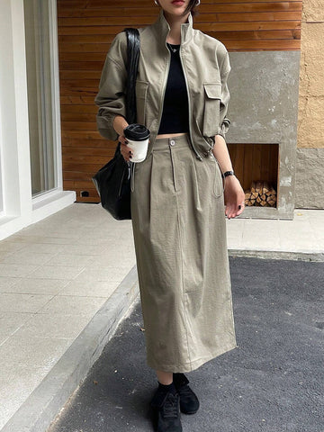DAZY 2pcs Women's Solid Color Loose Cargo Jacket & Skirt Set