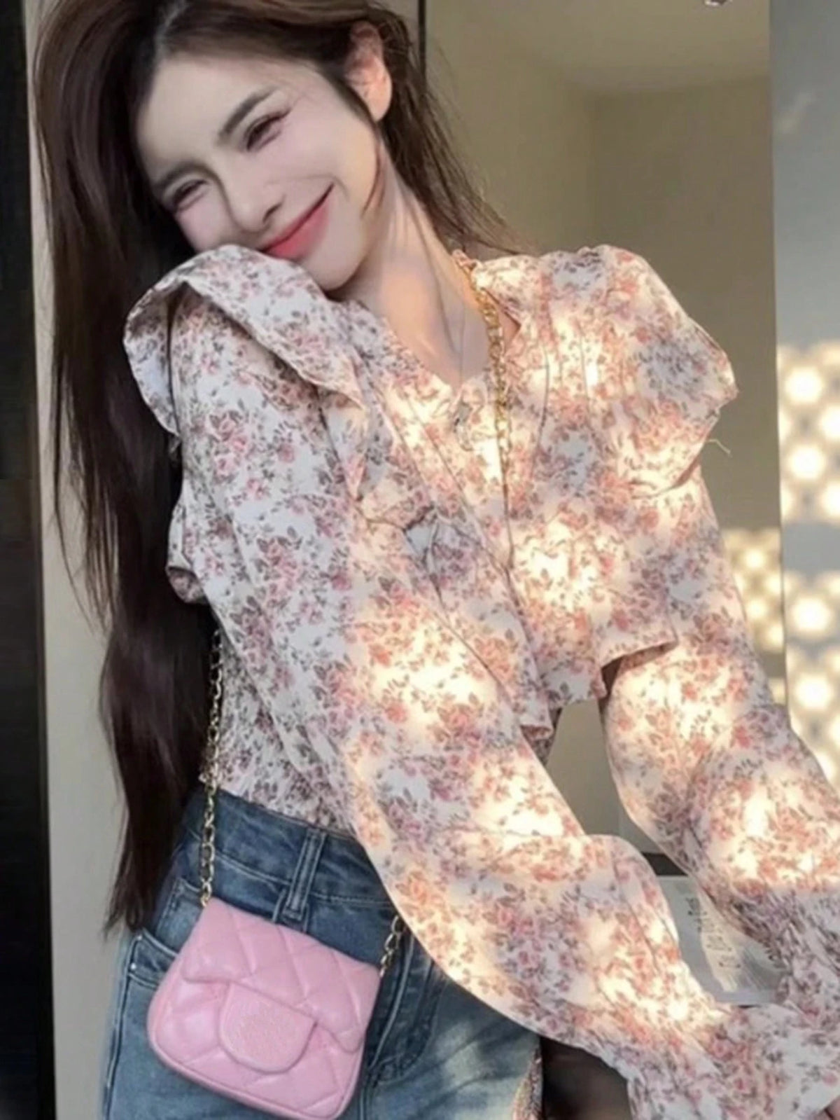 DAZY Allover Floral Rose Print Ruffled Hem Long Sleeve Blouse For Women, Romantic Valentine's Day