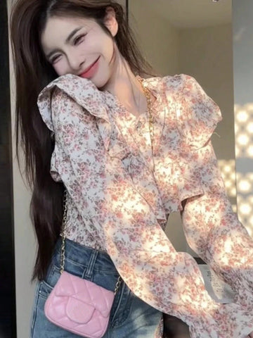 DAZY Allover Floral Rose Print Ruffled Hem Long Sleeve Blouse For Women, Romantic Valentine's Day