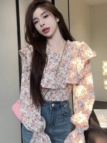 DAZY Allover Floral Rose Print Ruffled Hem Long Sleeve Blouse For Women, Romantic Valentine's Day