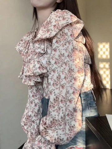 DAZY Allover Floral Rose Print Ruffled Hem Long Sleeve Blouse For Women, Romantic Valentine's Day