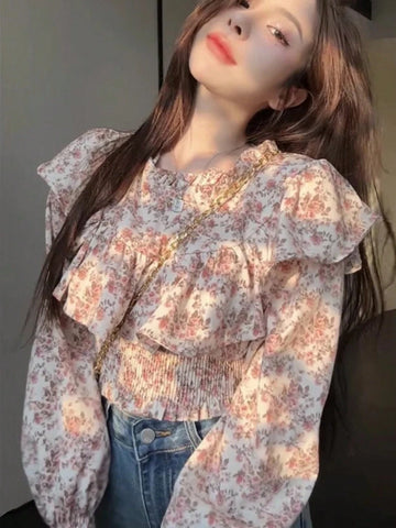 DAZY Allover Floral Rose Print Ruffled Hem Long Sleeve Blouse For Women, Romantic Valentine's Day