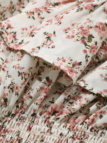 DAZY Allover Floral Rose Print Ruffled Hem Long Sleeve Blouse For Women, Romantic Valentine's Day