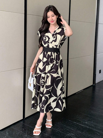 DAZY Allover Flowers Print Belted Short Dress For Summer
