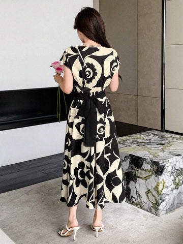 DAZY Allover Flowers Print Belted Short Dress For Summer